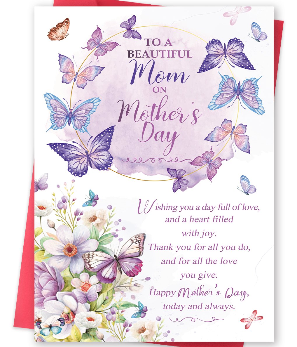 Mother's Day Card for Mom, Happy Mother's Day Mom Gift, Floral Butterfly Greeting Card for a Beautiful Mother