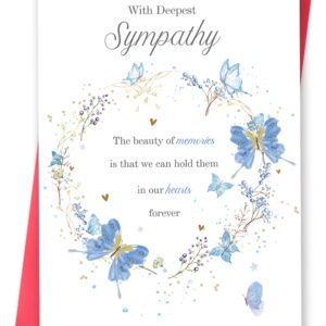 Sympathy Cards with Blue Butterfly Design, Elegant Condolence Greeting Card for Loss, Double-Sided 8 x 5.3 Inch with Envelope