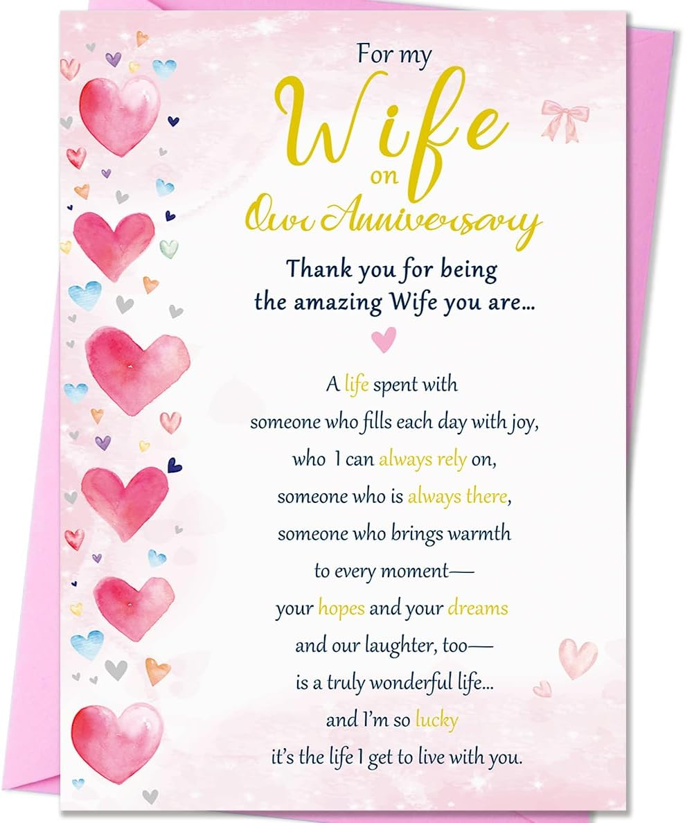 Beixian Anniversary Cards for Wife, Happy Wedding Anniversary Card Gift for Wife from Husband 8x5.3 Inches, Double Sided, with Matching Pink Envelope